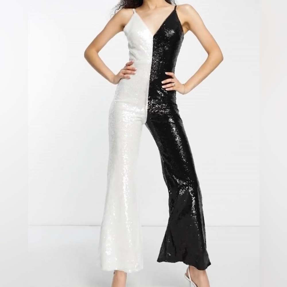70s plunge flare cami jumpsuit in contrast sequin